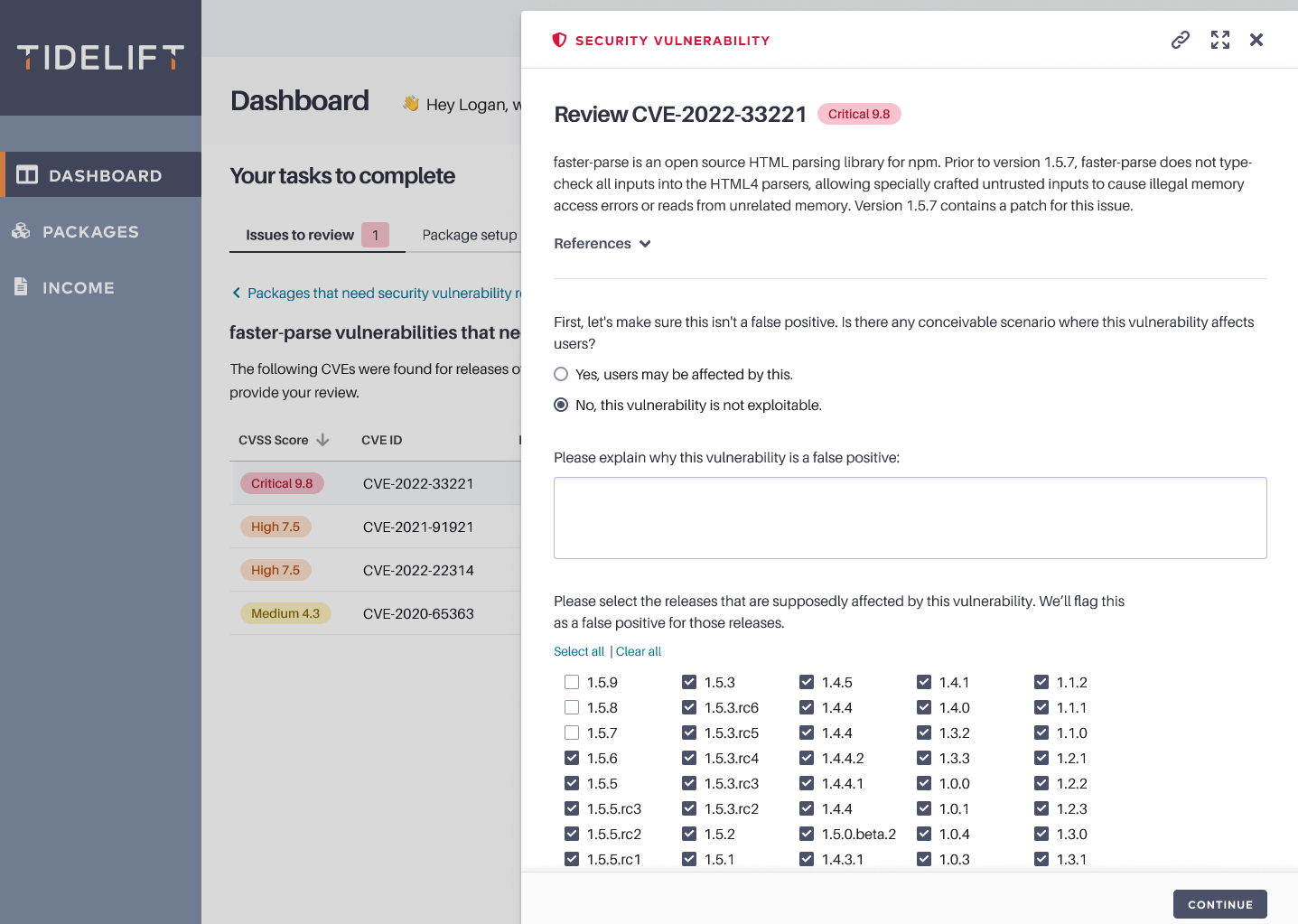 Tidelift lifter dashboard CVE review follow up panel with a selection of releases