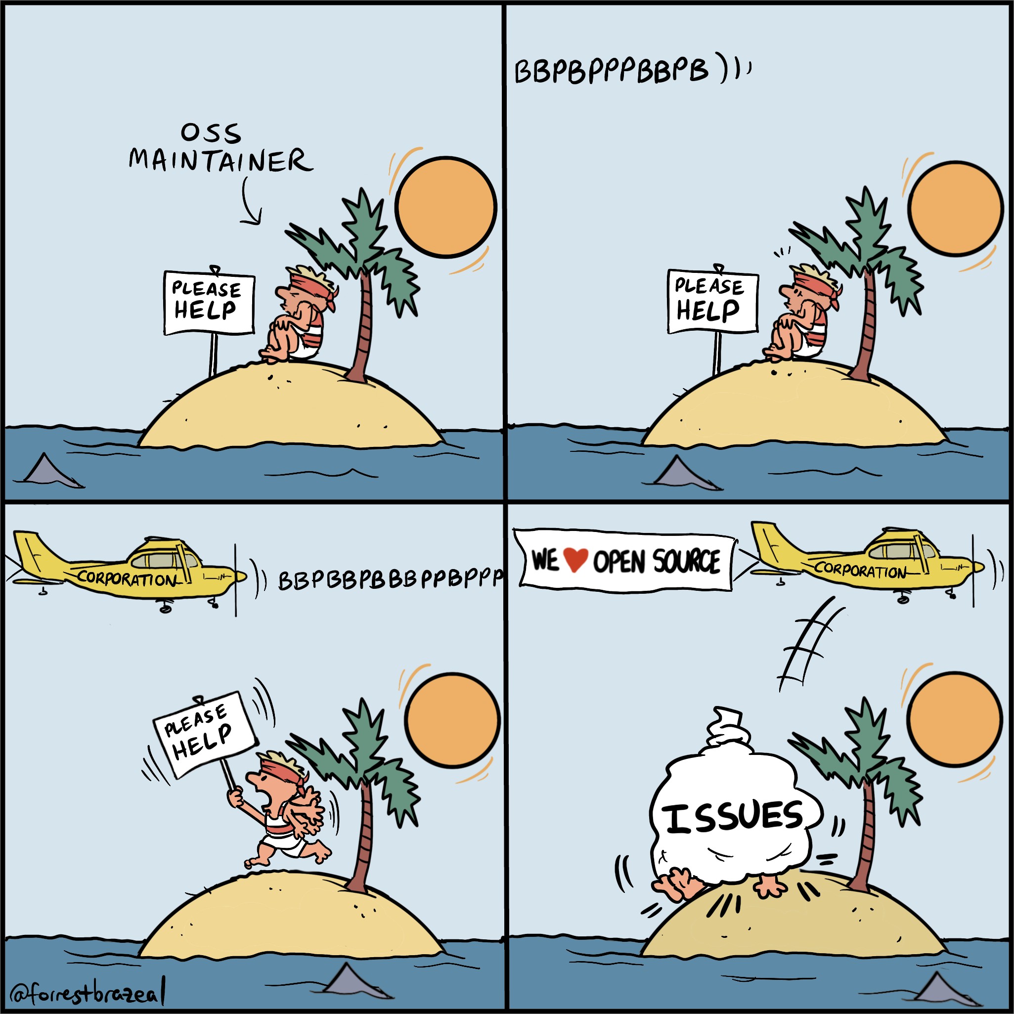 Cartoon by Forest Brazeal depicting an open source maintainer requesting help from a stranded island, only to see a plane marked "corporation" that flies a banner that says they love open source, however they drop a bag labeled issues on top of the stranded maintainer. 